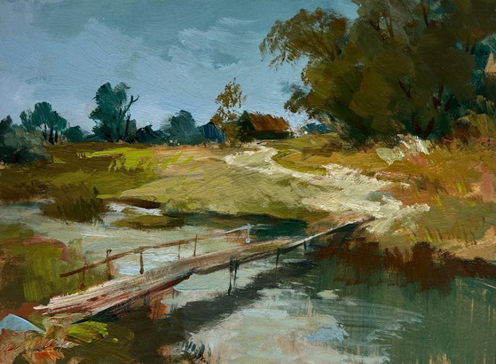 Image 1 of Original Oil Painting Summer Bridge Landscape The road to the village