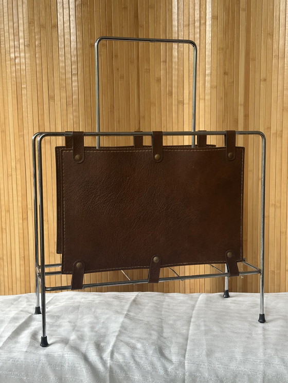 Image 1 of Vintage magazine rack chrome & leather