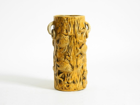 Image 1 of Beautiful large handmade glazed ceramic floor vase, handled vase with maritime fish and starfish motifs | Mid Century Modern