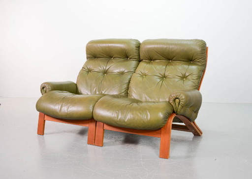 Supercomfy Scandinavian Rybo Rykken Olivegreen Leather 2-Seater Ry-Wing Lounge Sofa by Elsa and Nordahl Solheim, 1960s. 