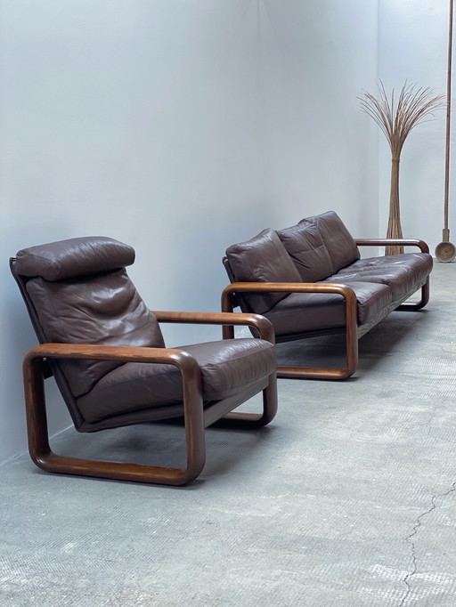 Burkhard Voghtherr Für Rosenthal Studioline „Hombre“ Sitzgruppe 3-Sitzer Sofa & Sessel Esche Holz Leder Braun, Deutschland 1970S