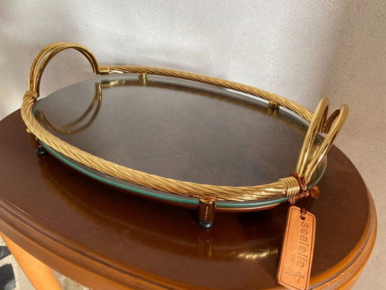 Plateau de service vintage Scalella Firenze en loupe de bois plaqué or 24 carats – 36 cm (photo 13 of 15)