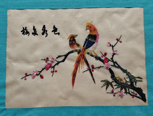 Vintage Chinese Silk Embroidery Birds Wall Art – Framed Mid Century Textile
