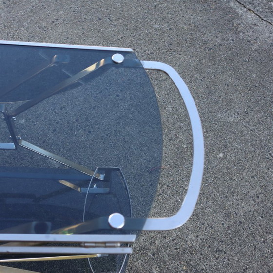 Image 1 of French Mid-Century Smoked Glass and Chrome Bar Trolley-Drop Leaf Bar Cart-Vintage Two Tier Dessert-Bar Trolley-60s