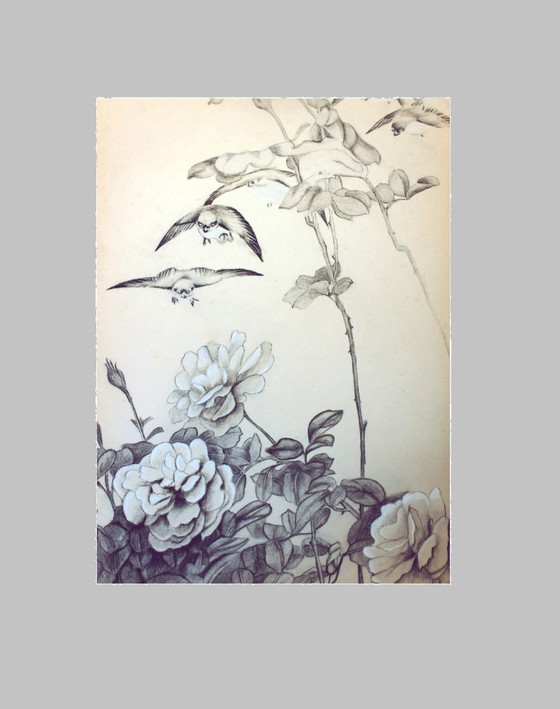 Image 1 of Vintage Japanese-inspired drawing. Vintage drawing. Drawing of flowers and birds. Japanese drawing. Antique drawing.