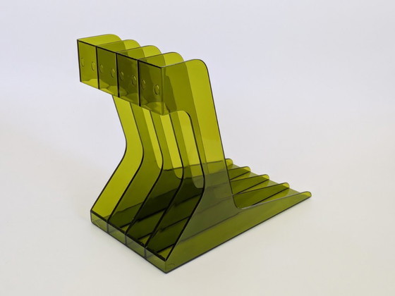 Image 1 of Vintage olijfgroen plexiglas LP-vinylrek in space age-stijl uit de jaren 70, met 4 vakken.