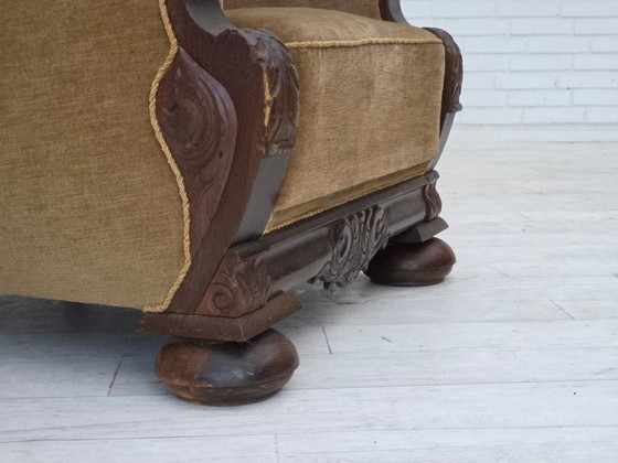 Image 1 of 1960s, Danish relax chair, original green furniture velour, carved oak wood.