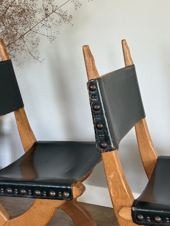 Image 1 of Vintage set of Bram Sprij chairs oak & leather brutalist style