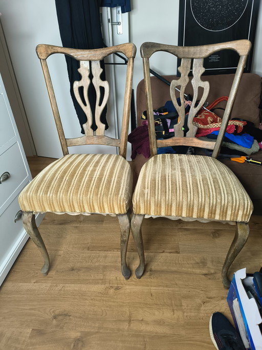 Art Deco wooden chairs with green velvet upholstery, 2x