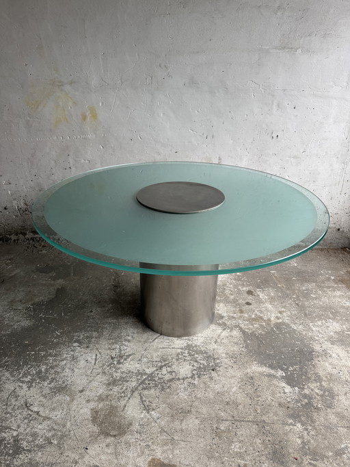Table de salle à manger ronde en verre avec plateau central fixe - Industrial Modern, 1990