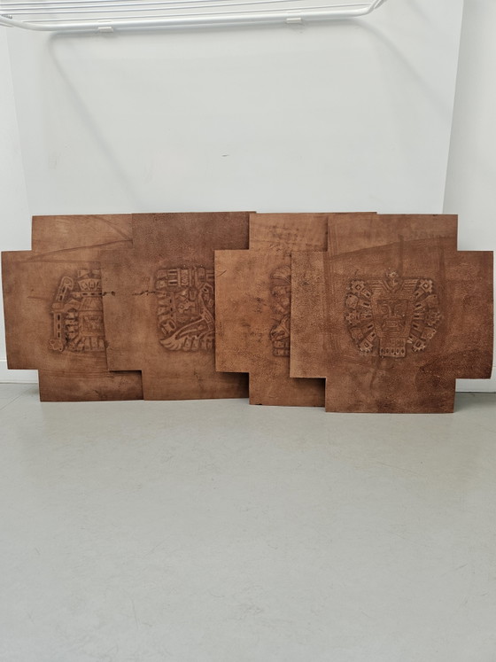 Image 1 of Set van 4 Vintage Leren Wandpanelen/Meubelinzetten Stijl Angel Pazmino 