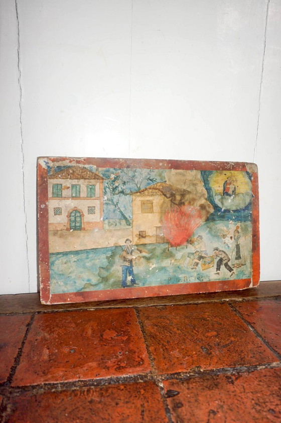 Image 1 of antique ex voto fire rescue painting * early 1800s * oil on wood