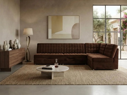 Canapé en velours Mid-Century / Canapé modulaire hongrois / Canapé sectionnel capitonné marron