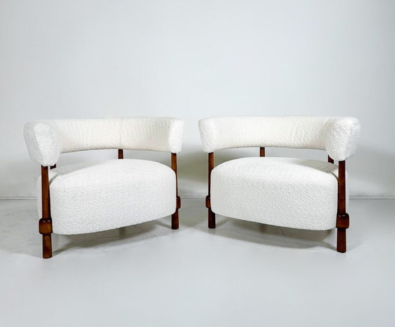 Image 1 of Pair Of Contemporary Armchairs, Wood And White Boucle Fabric, Italy