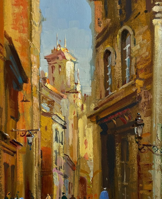 Image 1 of Original Oil Painting Day City Landscape Walking along the street of the city