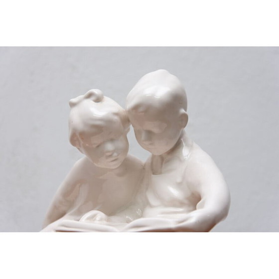 Image 1 of Vintage ceramic sculpture children with a book by Keramia Znojmo, Czechoslovakia 1950