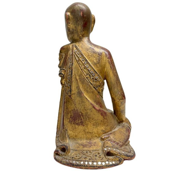 Antique Burmese Monk Statue – Hand-carved Teak Wood with Gold Leaf – 26 cm – Sculpture, Glass (photo 5 of 10)