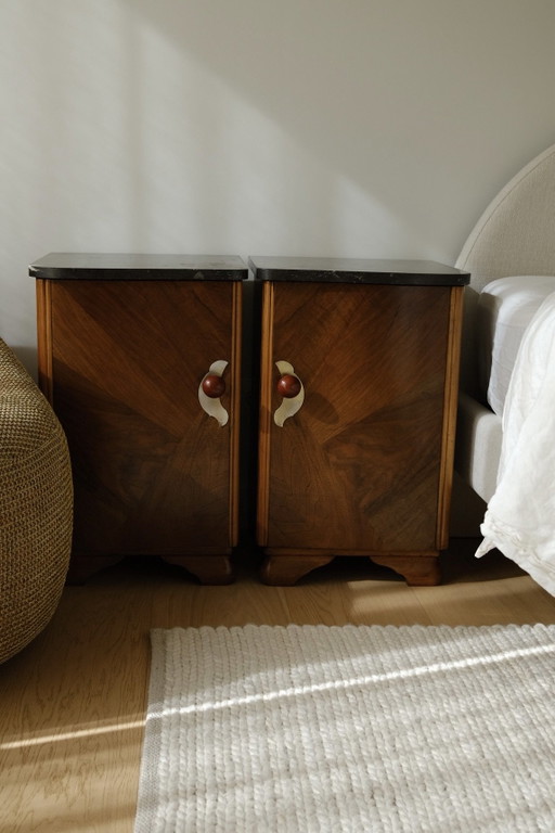 Set Franse Art Deco Nachtkastjes met Marmeren Blad, jaren 30