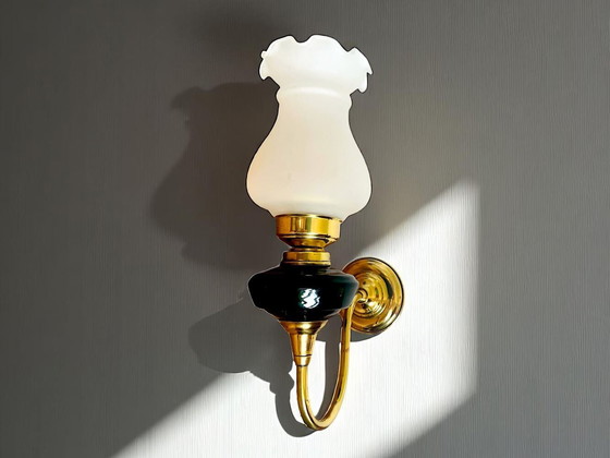 Image 1 of Art Nouveau style brass wall sconce with frosted glass tulip lampshade