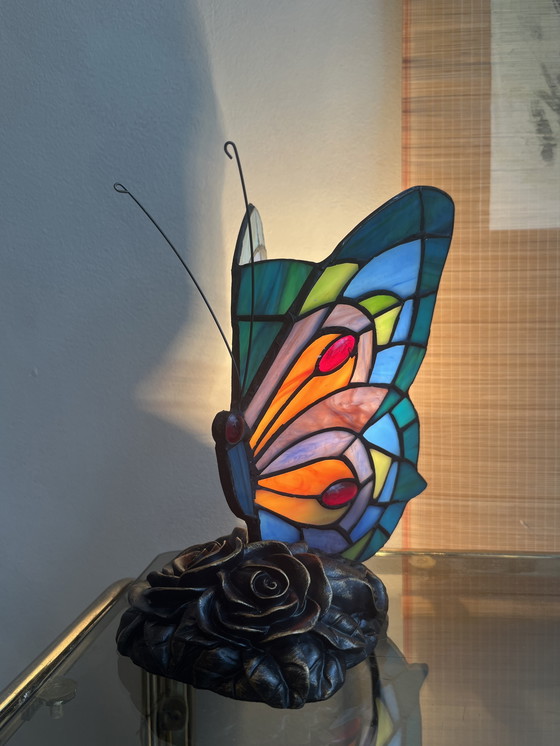 Image 1 of Set Of 2 Stained Glass Table Lamps Butterfly Lamps