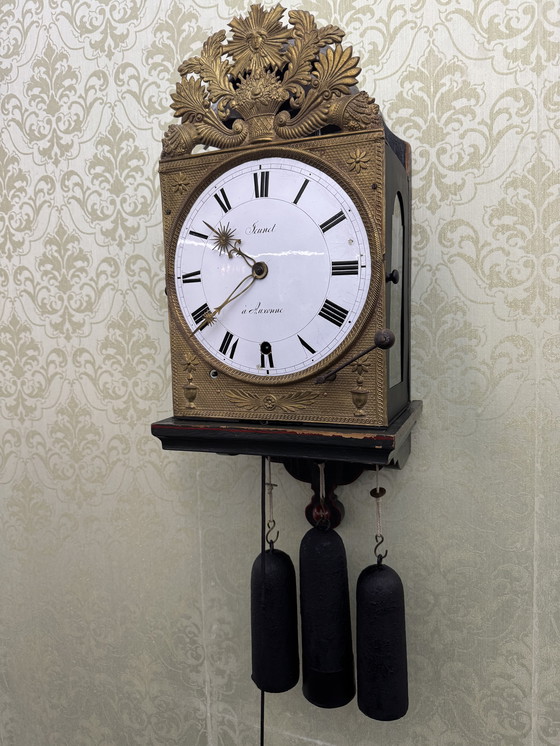 Image 1 of Special 4 Bells Comtoise on Wooden Chair in Hindeloopen Style from About 1800 - 1830.