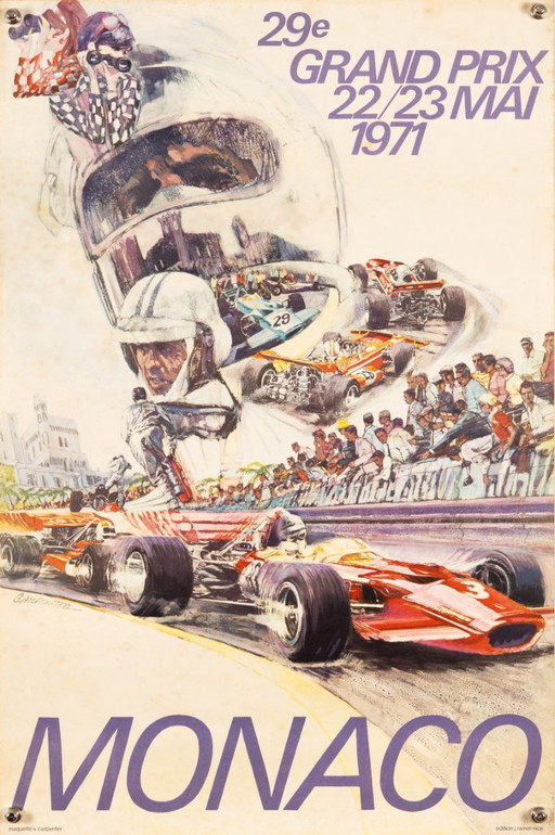 Großer Preis von Monaco 29e 1971 – Originales Vintage-Motorsportplakat von S. Carpenter – Vintage Racing – 60x40 cm