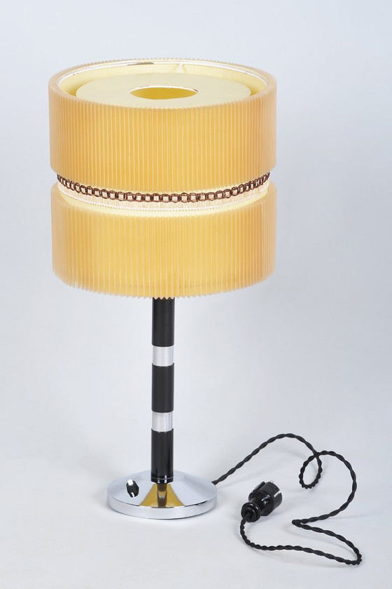 Restored Art Deco Table Lamp Chromed Steel, Beech, Parchment, Czech, 1940s – Metal, Paper (photo 11 of 11)