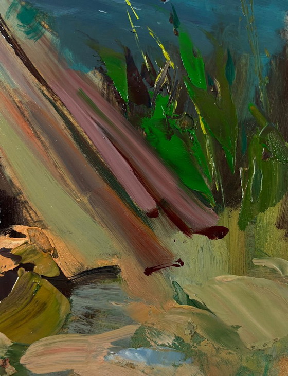 Original Oil Painting Rural Landscape Children Are Walking by the River – Paintings & Drawings, Mdf (photo 8 of 9)