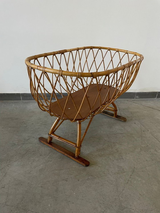Image 1 of Culla vintage in rattan con supporto, anni '70, Europa