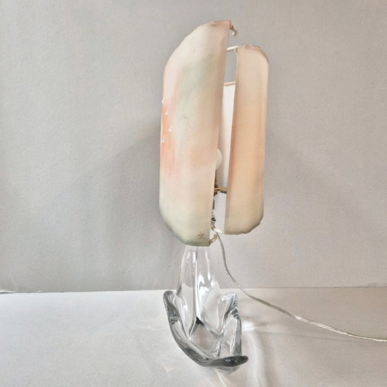 Image 1 of Vintage tafellamp uit de jaren 70 met kristallen kom, reiger en lampenkap.