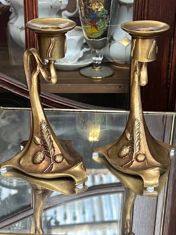 Coppia di portacandele in stile Art Nouveau. Bronzo massiccio. (foto 2 di 5)