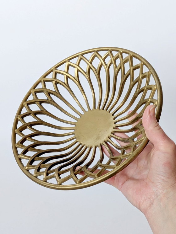 Image 1 of 1960s Midcentury Openwork Floral Decorative Bowl, Heavy Solid Brass Centerpiece