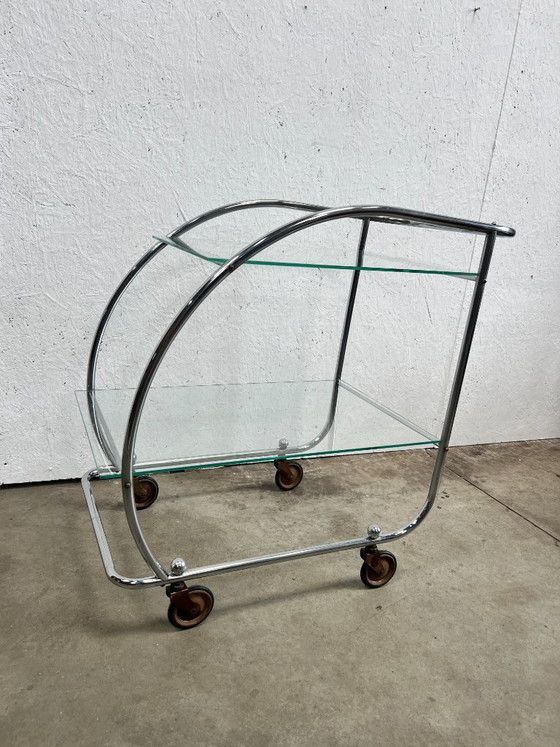 Image 1 of Vintage Chrome Art Deco Trolley with Glass Shelves, Netherlands 1930s