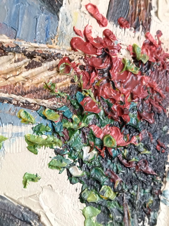 Image 1 of Oil painting on canvas - Mediterranean village - Knife painting technique