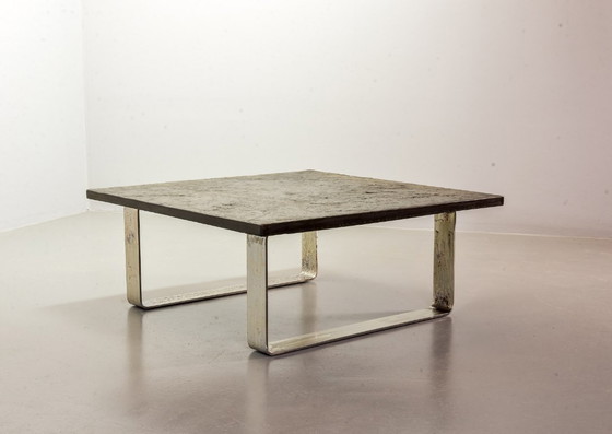 Image 1 of Mid-Century Ardesia Collection Brutalist Square Slate Stone Coffee Table in Pia Manu Style. Belgium, 1960s.