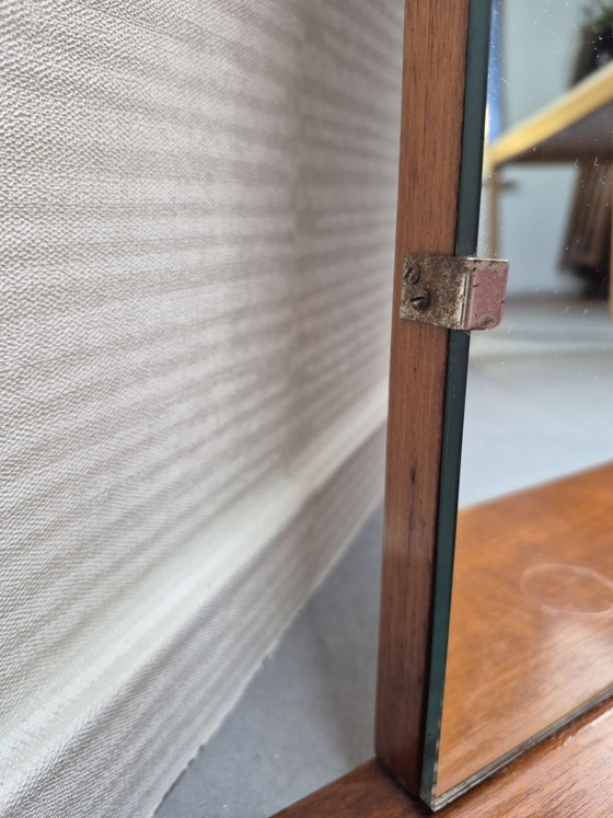 Vintage XXL Mid-Century mirror with shelf in teak veneer., Wood, Brown (photo 5 of 10)