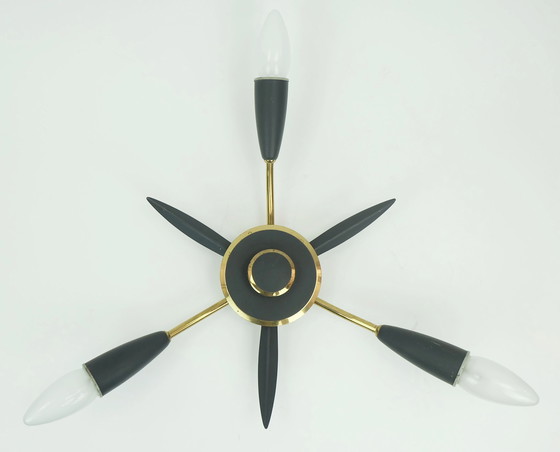Image 1 of Plafoniera a 3 luci Sputnik della metà del secolo scorso in ottone e metallo grigio scuro