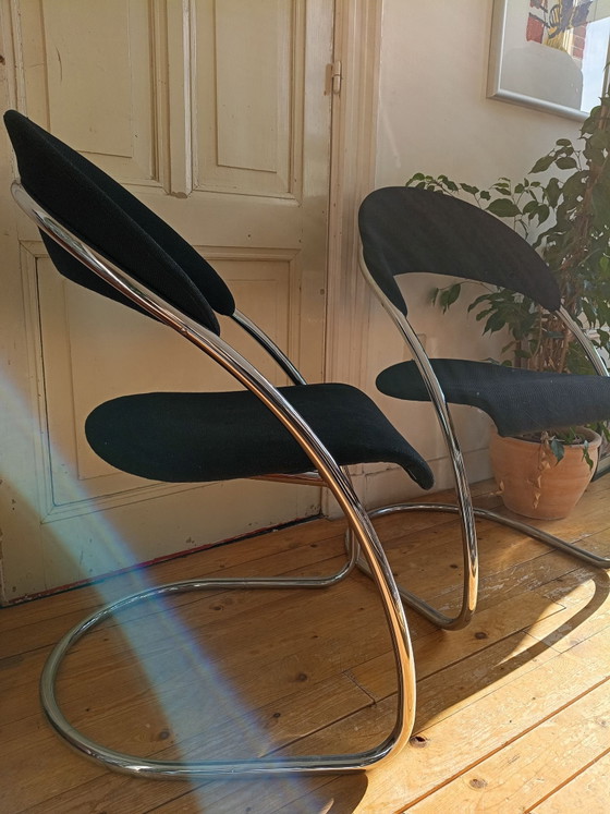 2 einzigartige Thonet Stühle, Esszimmerstühle, Stoff, Chrom, Schwarz (Foto 2 von 9)