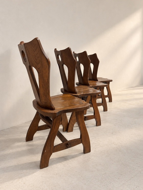 Set van 4 Vintage Brutalistische Massief Houten Eetkamerstoelen - Mid-Century Design, Bruin (foto 5 van 5)