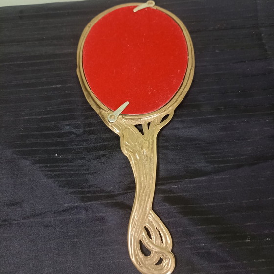 Vintage Art Nouveau Brass Hand Mirror with Female Figure, Bronze, Gold (photo 3 of 5)