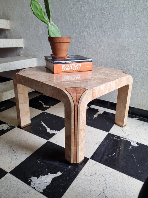 Mesa de centro vintage de piedra teselada con etiqueta de calidad – Estilo Robert Marcius - Años 90