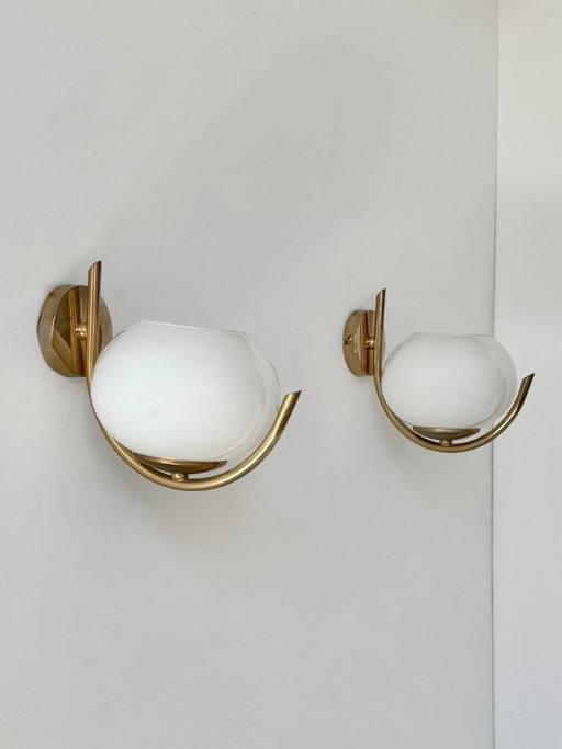 Pair of vintage wall sconces, brass and opaline glass, France, 1970