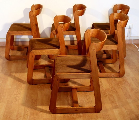 Image 1 of Chaises de salle à manger vintage Willy Rizzo pour Mario Sabot, velours marron, lot de 6, Italie années 1970
