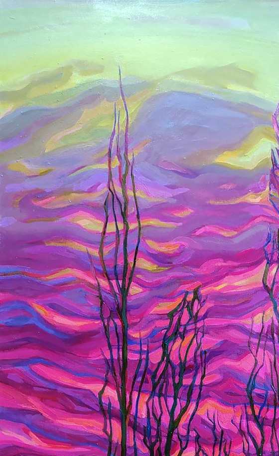 Peinture à l'Huile Originale Expressionnisme Paysage Lueur du Coucher de Soleil – Peintures et dessins, Canvas (photo 2 of 5)