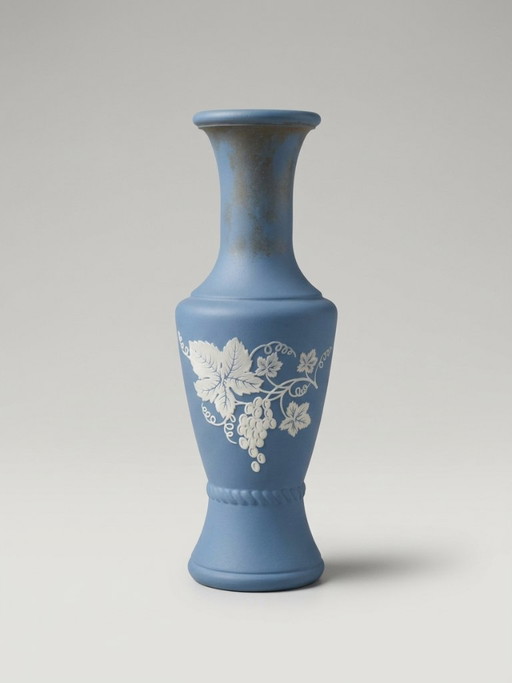 Kleine blau beschichtete Bernstein-Glasvase – Weinreben-Dekor – 14 cm