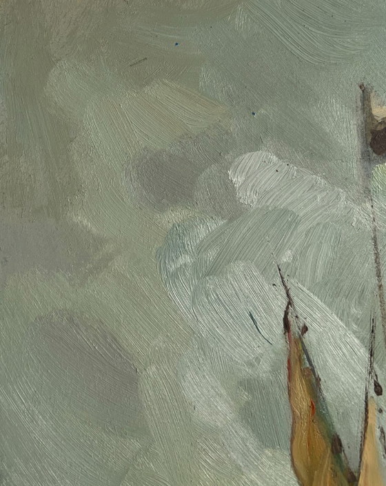 Image 1 of Original Oil Painting Coastal City Landscape A quiet harbor near Venice