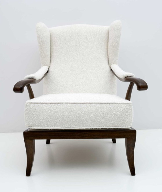 Image 1 of Paolo Buffa Mid-Century Modern Italian Walnut and Coating Boucle Armchair, 1950s