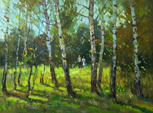 Peinture à l'huile originale, paysage naturel, prairie, promenade parmi les bouleaux