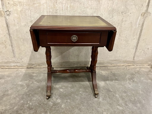 🇬🇧 Antique side table with green inlaid leather, drawer and flaps
