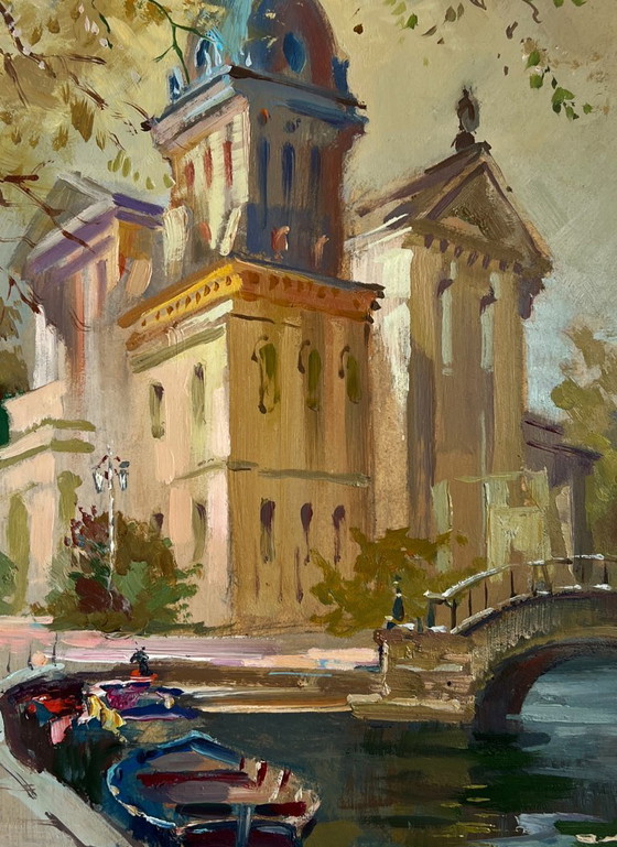 Image 1 of Origineel olieverfschilderij: Stadsgezicht 's avonds. De rivier en het hart van de stad.